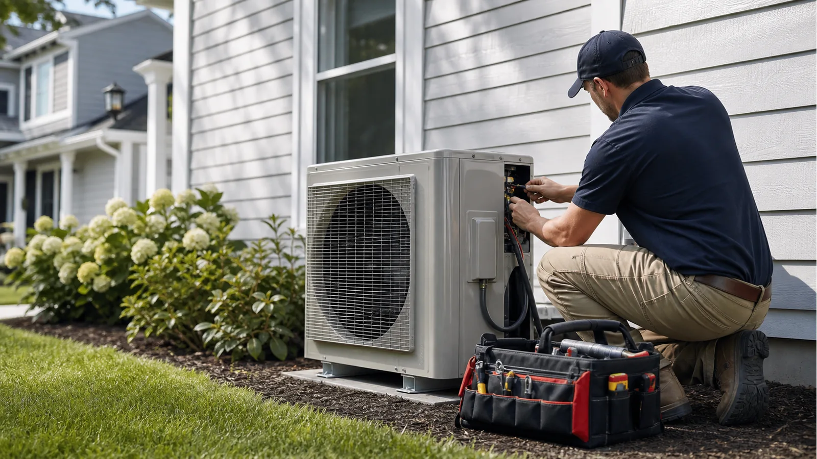 Technician working beside residential energy equipment outside a home
