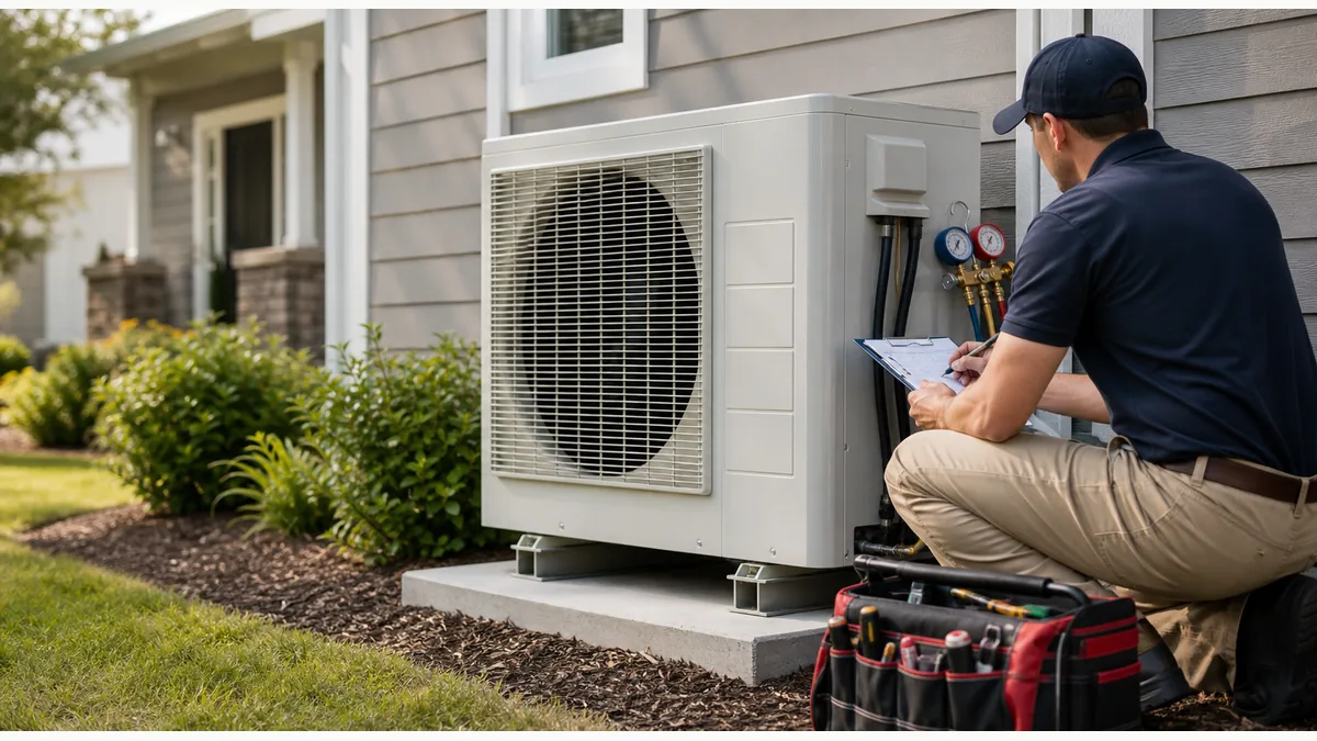 Technician inspecting a residential heat pump unit beside a home