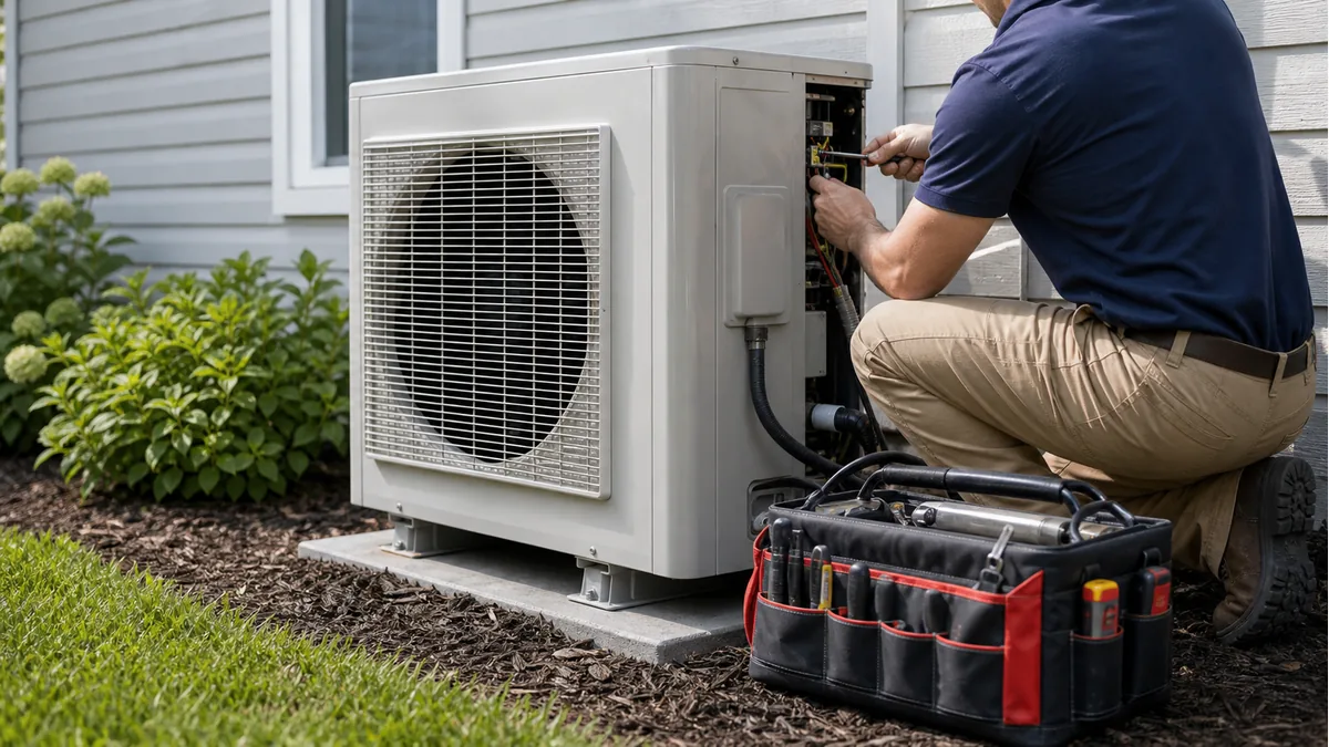 Technician working on a residential outdoor HVAC unit