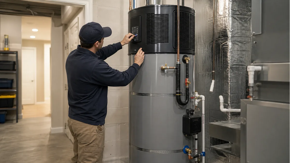 Technician inspecting a heat pump water heater in a home utility room