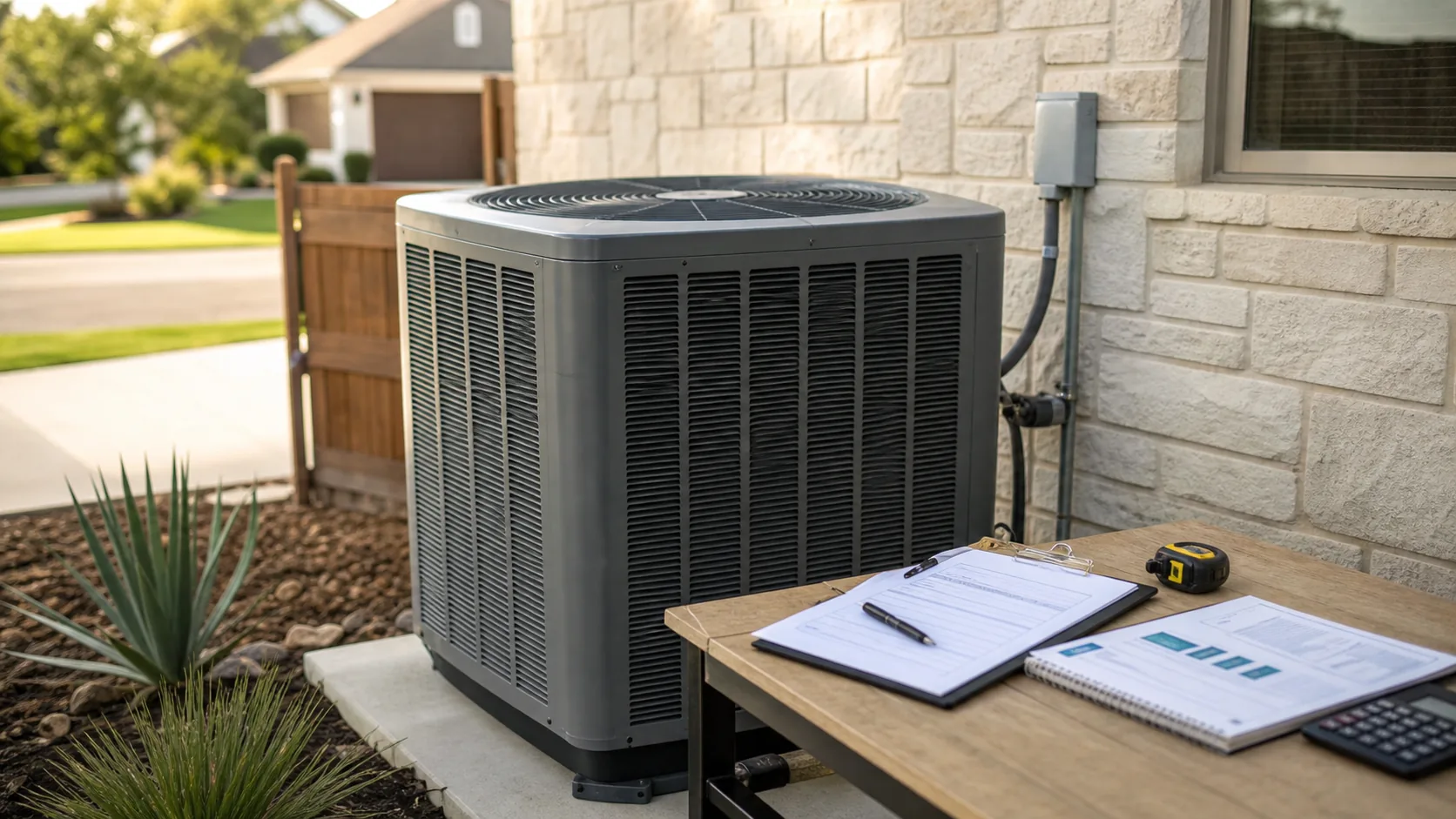 Residential HVAC unit with rebate planning documents and a checklist nearby